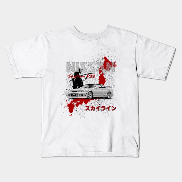 Nissan Skyline R33 GTR with samurai and Japan map JDM Car Kids T-Shirt by T-JD